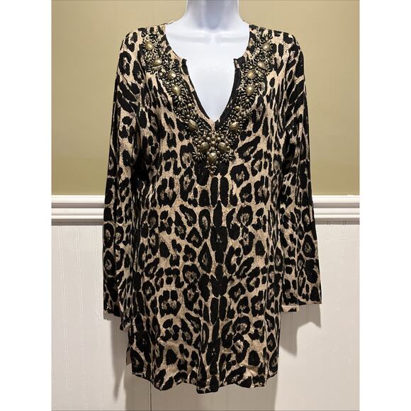 inc international concepts Women’s Long Top Plunge V Neck Leopard Beaded LS M - Picture 1 of 9